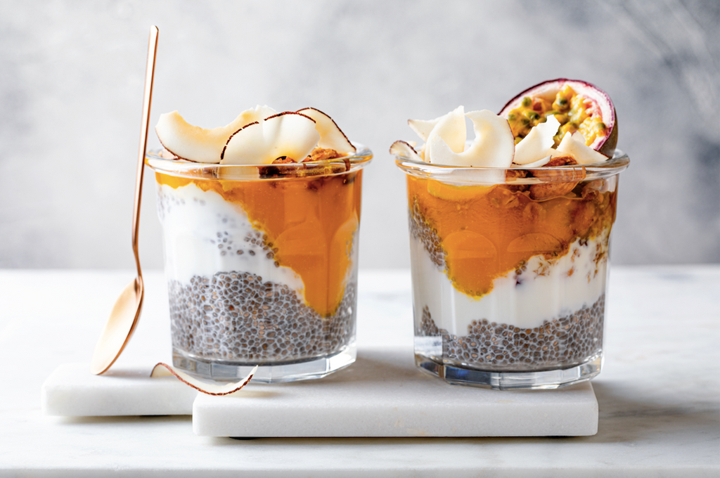COCONUT CHIA PUDDING with APRICOT & PASSION FRUIT COMPOTE